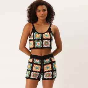 Retro Black Granny Square Crochet Knit Crop Top and Shorts Matching Set