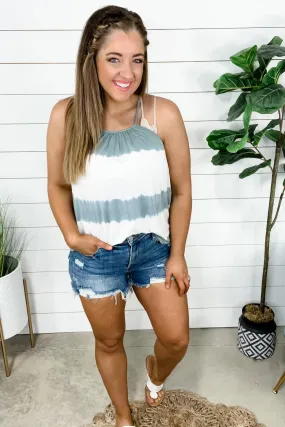 Sage & White Striped Tank w/ Crochet Detail