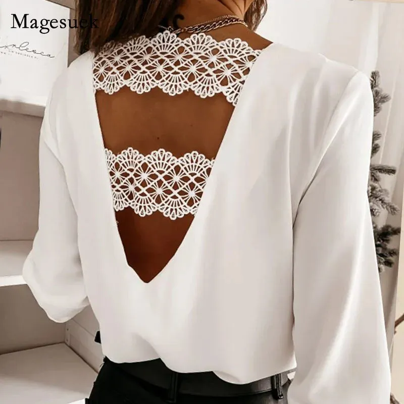 Sexy Long Sleeve Lace Blouse Women Tops Casual White Crochet Hollow Out Cropped Women's Shirt Turtleneck Female Blusas 16296