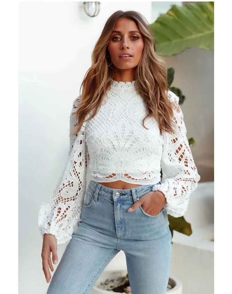 Sexy Long Sleeve Lace Blouse Women Tops Casual White Crochet Hollow Out Cropped Women's Shirt Turtleneck Female Blusas 16296