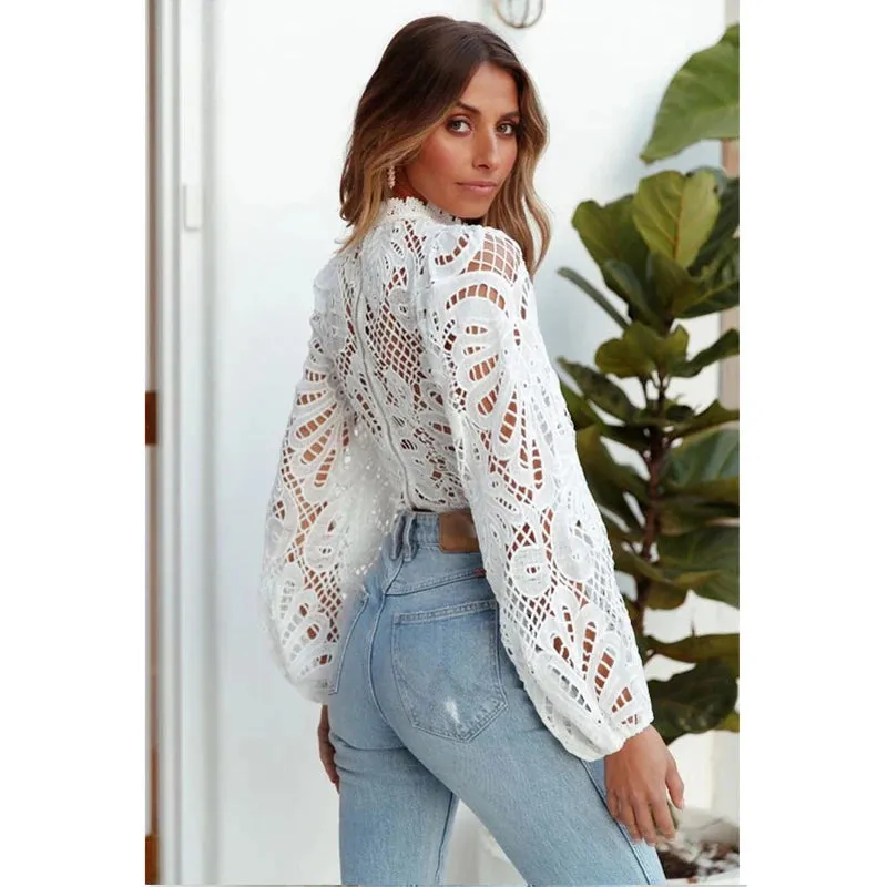 Sexy Long Sleeve Lace Blouse Women Tops Casual White Crochet Hollow Out Cropped Women's Shirt Turtleneck Female Blusas 16296