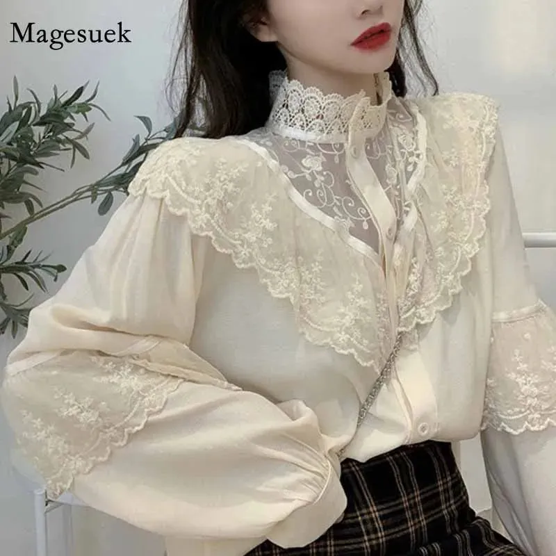 Sexy Long Sleeve Lace Blouse Women Tops Casual White Crochet Hollow Out Cropped Women's Shirt Turtleneck Female Blusas 16296