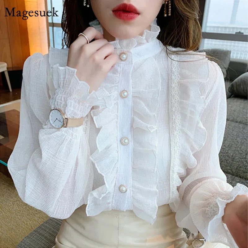 Sexy Long Sleeve Lace Blouse Women Tops Casual White Crochet Hollow Out Cropped Women's Shirt Turtleneck Female Blusas 16296