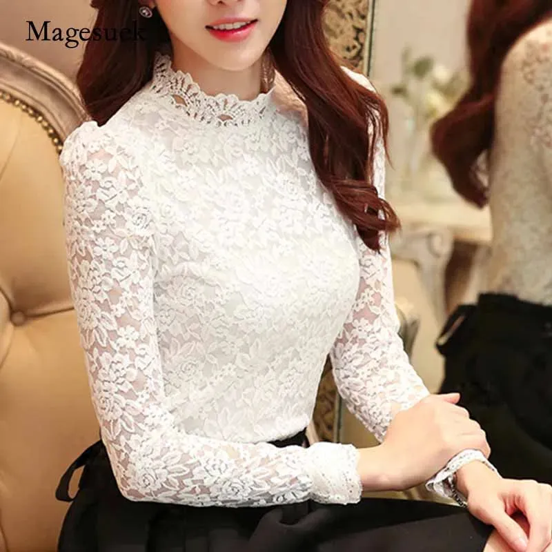 Sexy Long Sleeve Lace Blouse Women Tops Casual White Crochet Hollow Out Cropped Women's Shirt Turtleneck Female Blusas 16296