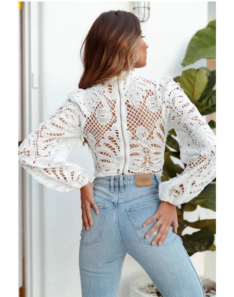 Sexy Long Sleeve Lace Blouse Women Tops Casual White Crochet Hollow Out Cropped Women's Shirt Turtleneck Female Blusas 16296