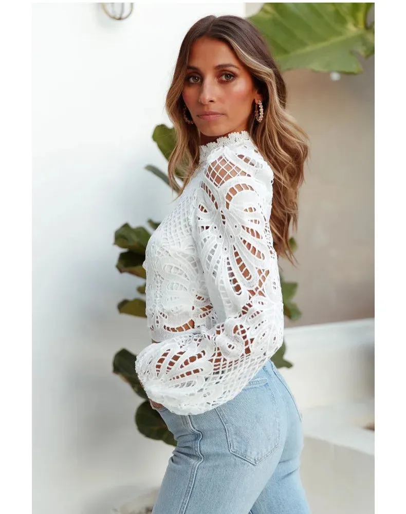 Sexy Long Sleeve Lace Blouse Women Tops Casual White Crochet Hollow Out Cropped Women's Shirt Turtleneck Female Blusas 16296