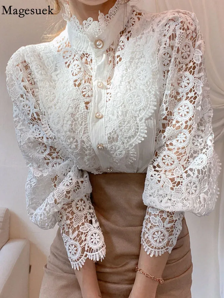 Sexy Long Sleeve Lace Blouse Women Tops Casual White Crochet Hollow Out Cropped Women's Shirt Turtleneck Female Blusas 16296