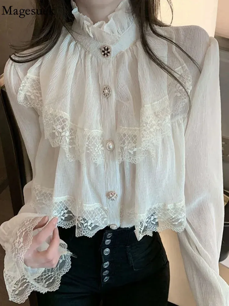 Sexy Long Sleeve Lace Blouse Women Tops Casual White Crochet Hollow Out Cropped Women's Shirt Turtleneck Female Blusas 16296