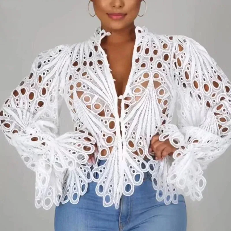 Sexy Long Sleeve Lace Blouse Women Tops Casual White Crochet Hollow Out Cropped Women's Shirt Turtleneck Female Blusas 16296