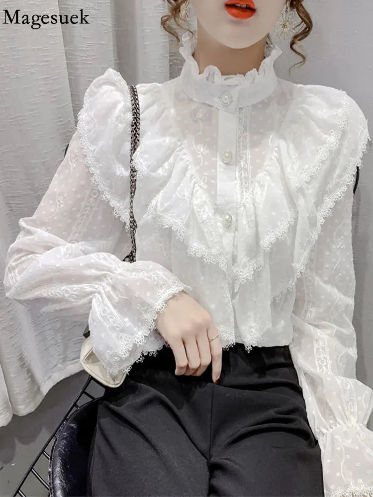 Sexy Long Sleeve Lace Blouse Women Tops Casual White Crochet Hollow Out Cropped Women's Shirt Turtleneck Female Blusas 16296