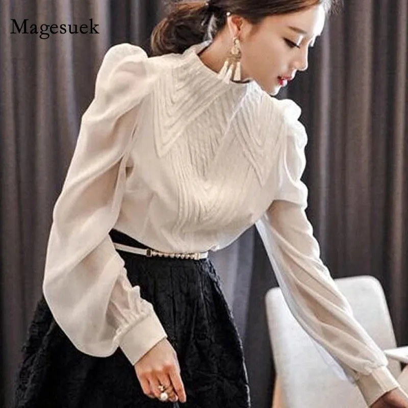 Sexy Long Sleeve Lace Blouse Women Tops Casual White Crochet Hollow Out Cropped Women's Shirt Turtleneck Female Blusas 16296