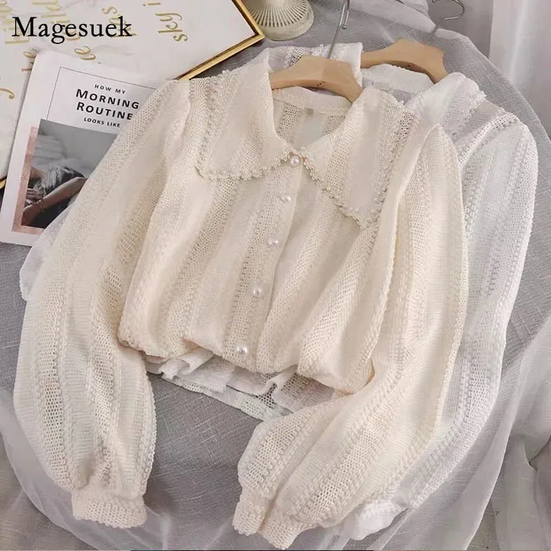 Sexy Long Sleeve Lace Blouse Women Tops Casual White Crochet Hollow Out Cropped Women's Shirt Turtleneck Female Blusas 16296