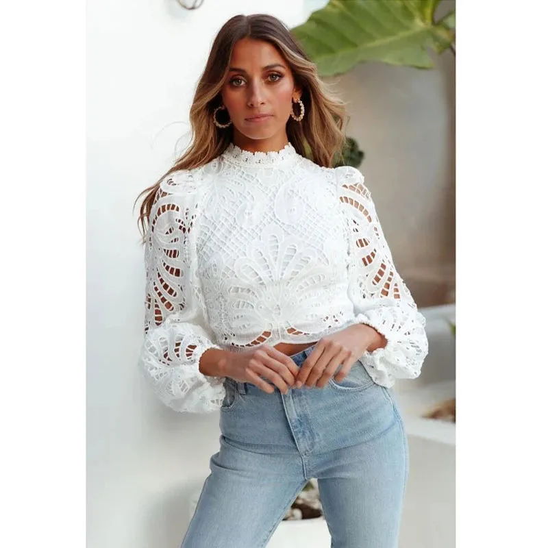 Sexy Long Sleeve Lace Blouse Women Tops Casual White Crochet Hollow Out Cropped Women's Shirt Turtleneck Female Blusas 16296