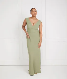 V Neck Plunge Crepe Bridesmaid Dress - Sage